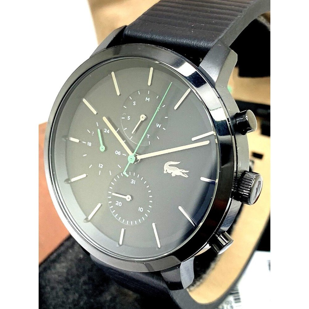 Lacoste Men's Watch 2011177 Quartz Black Dial Leather Band 44mm
